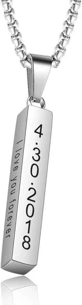 Personalized 3D Vertical Bar Necklace - Custom Name Necklace for Men Him Engraved Text Bar Necklace 4 Sided for Boyfriend Husband Vertical Cuboid Bar Pendant Necklace Jewelry for Couples Friends