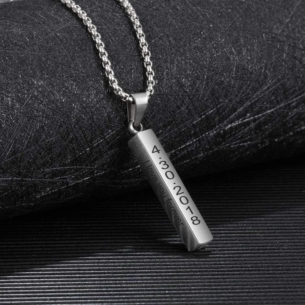 Personalized 3D Vertical Bar Necklace - Custom Name Necklace for Men Him Engraved Text Bar Necklace 4 Sided for Boyfriend Husband Vertical Cuboid Bar Pendant Necklace Jewelry for Couples Friends