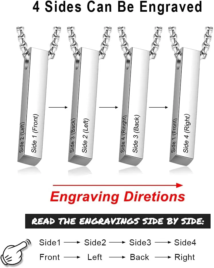 Personalized 3D Vertical Bar Necklace - Custom Name Necklace for Men Him Engraved Text Bar Necklace 4 Sided for Boyfriend Husband Vertical Cuboid Bar Pendant Necklace Jewelry for Couples Friends