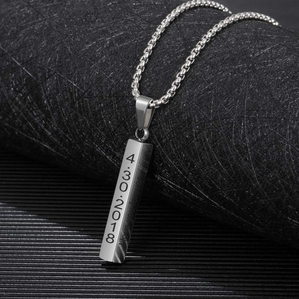 Personalized 3D Vertical Bar Necklace - Custom Name Necklace for Men Him Engraved Text Bar Necklace 4 Sided for Boyfriend Husband Vertical Cuboid Bar Pendant Necklace Jewelry for Couples Friends