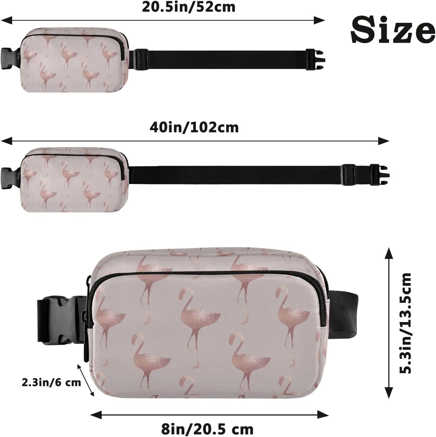 Personalized Rose Gold Flamingo Fanny Packs Women Funky Hip Pack Belt Bag Waterproof Travel Waist Pouch