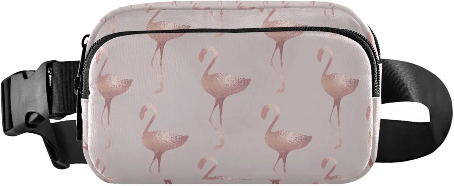 Personalized Rose Gold Flamingo Fanny Packs Women Funky Hip Pack Belt Bag Waterproof Travel Waist Pouch