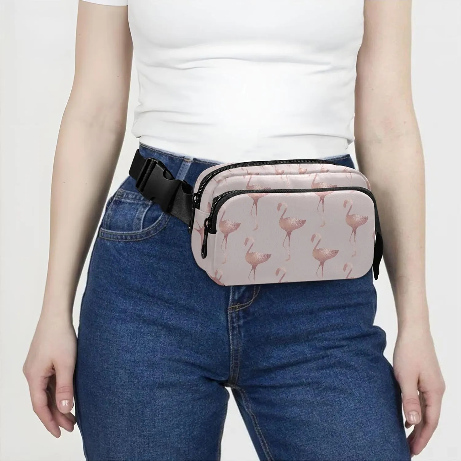 Personalized Rose Gold Flamingo Fanny Packs Women Funky Hip Pack Belt Bag Waterproof Travel Waist Pouch