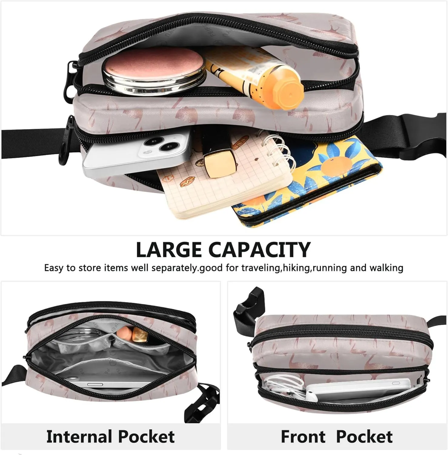 Personalized Rose Gold Flamingo Fanny Packs Women Funky Hip Pack Belt Bag Waterproof Travel Waist Pouch