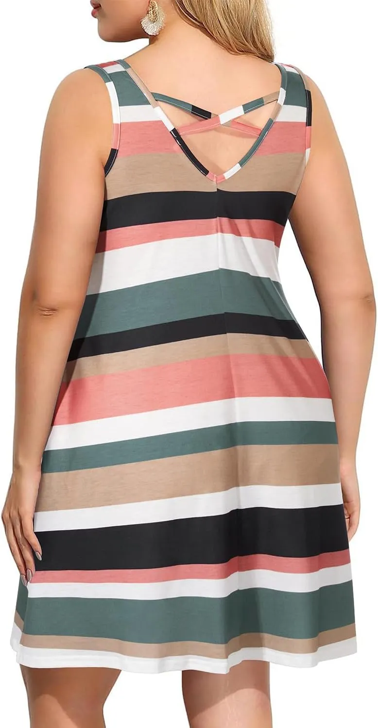Pinup Fashion Plus Size Women Tank Dresses Sleeveless Criss Cross Back Cover Up T-Shirt Sun Dress with Pockets