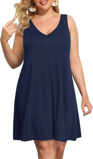 Pinup Fashion Plus Size Women Tank Dresses Sleeveless Criss Cross Back Cover Up T-Shirt Sun Dress with Pockets