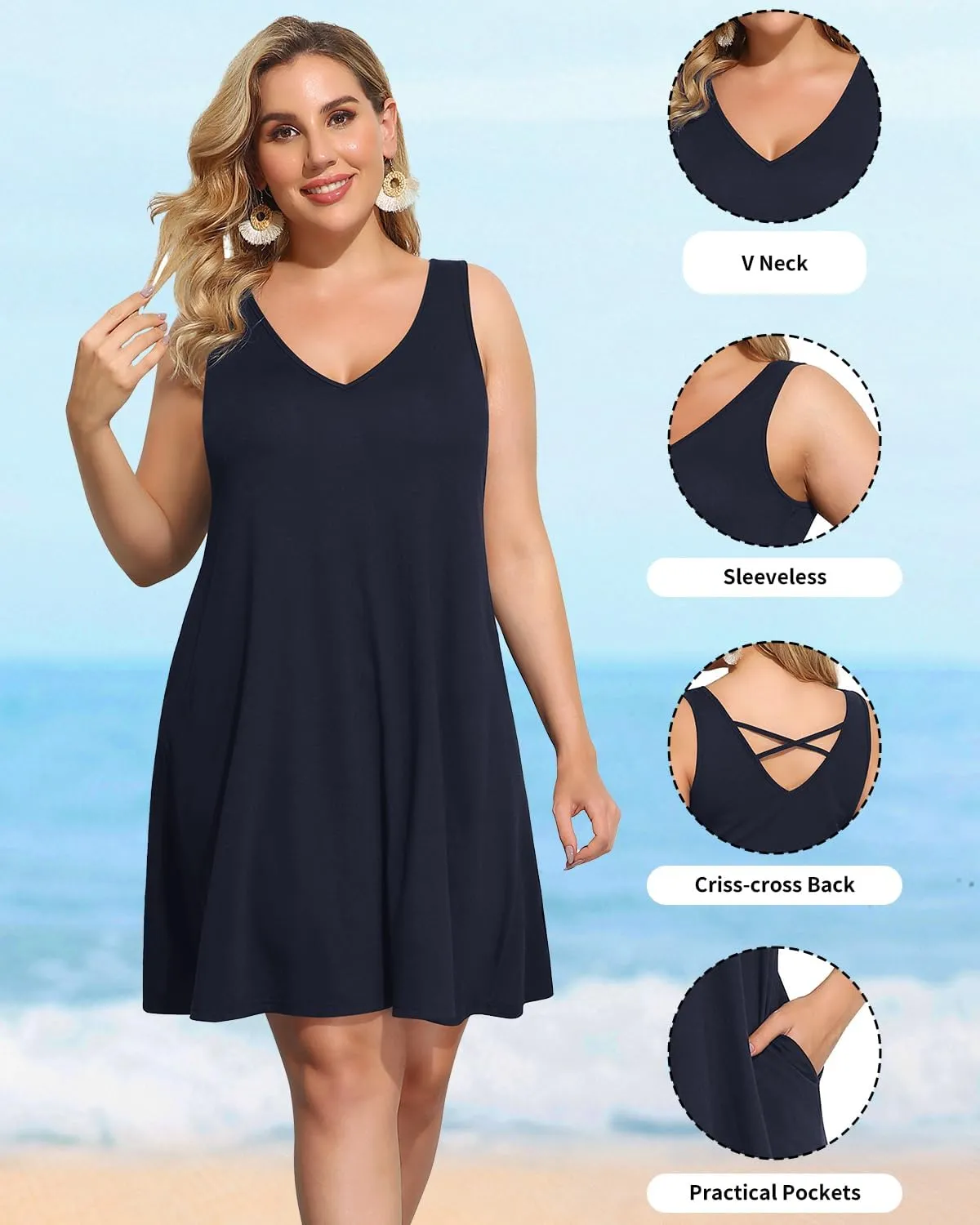 Pinup Fashion Plus Size Women Tank Dresses Sleeveless Criss Cross Back Cover Up T-Shirt Sun Dress with Pockets