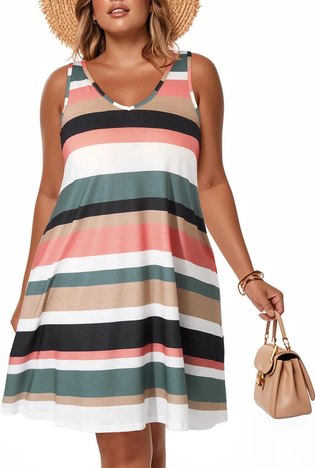 Pinup Fashion Plus Size Women Tank Dresses Sleeveless Criss Cross Back Cover Up T-Shirt Sun Dress with Pockets