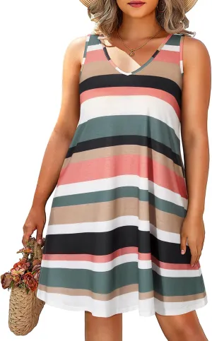 Pinup Fashion Plus Size Women Tank Dresses Sleeveless Criss Cross Back Cover Up T-Shirt Sun Dress with Pockets