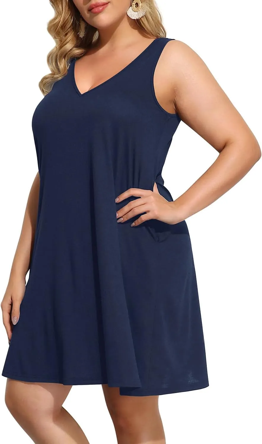 Pinup Fashion Plus Size Women Tank Dresses Sleeveless Criss Cross Back Cover Up T-Shirt Sun Dress with Pockets