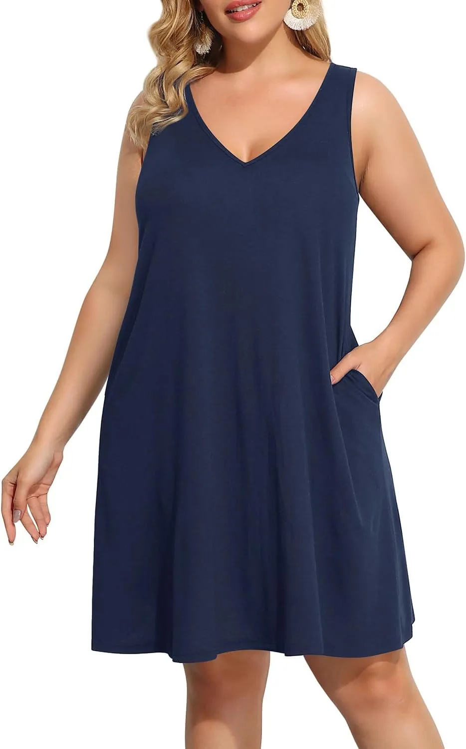 Pinup Fashion Plus Size Women Tank Dresses Sleeveless Criss Cross Back Cover Up T-Shirt Sun Dress with Pockets
