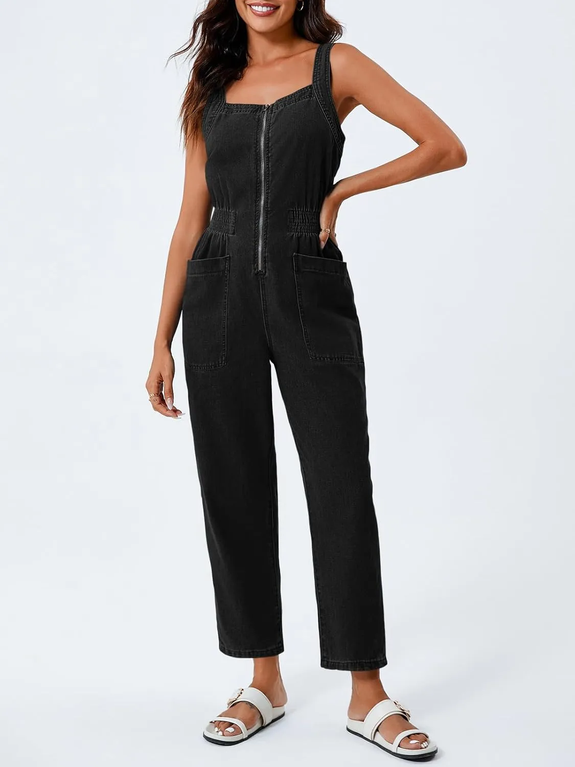 PLNOTME Womens Denim Overalls Casual Summer Baggy Zip Up Straight Leg Jeans Jumpsuit with Pockets