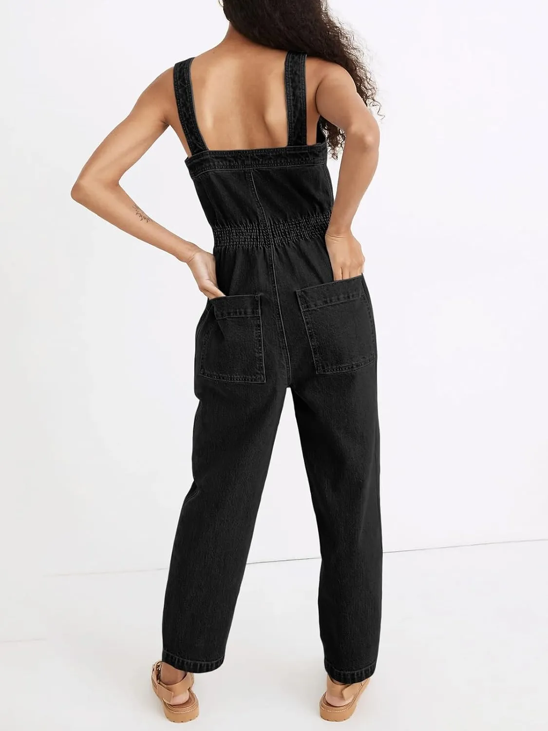 PLNOTME Womens Denim Overalls Casual Summer Baggy Zip Up Straight Leg Jeans Jumpsuit with Pockets