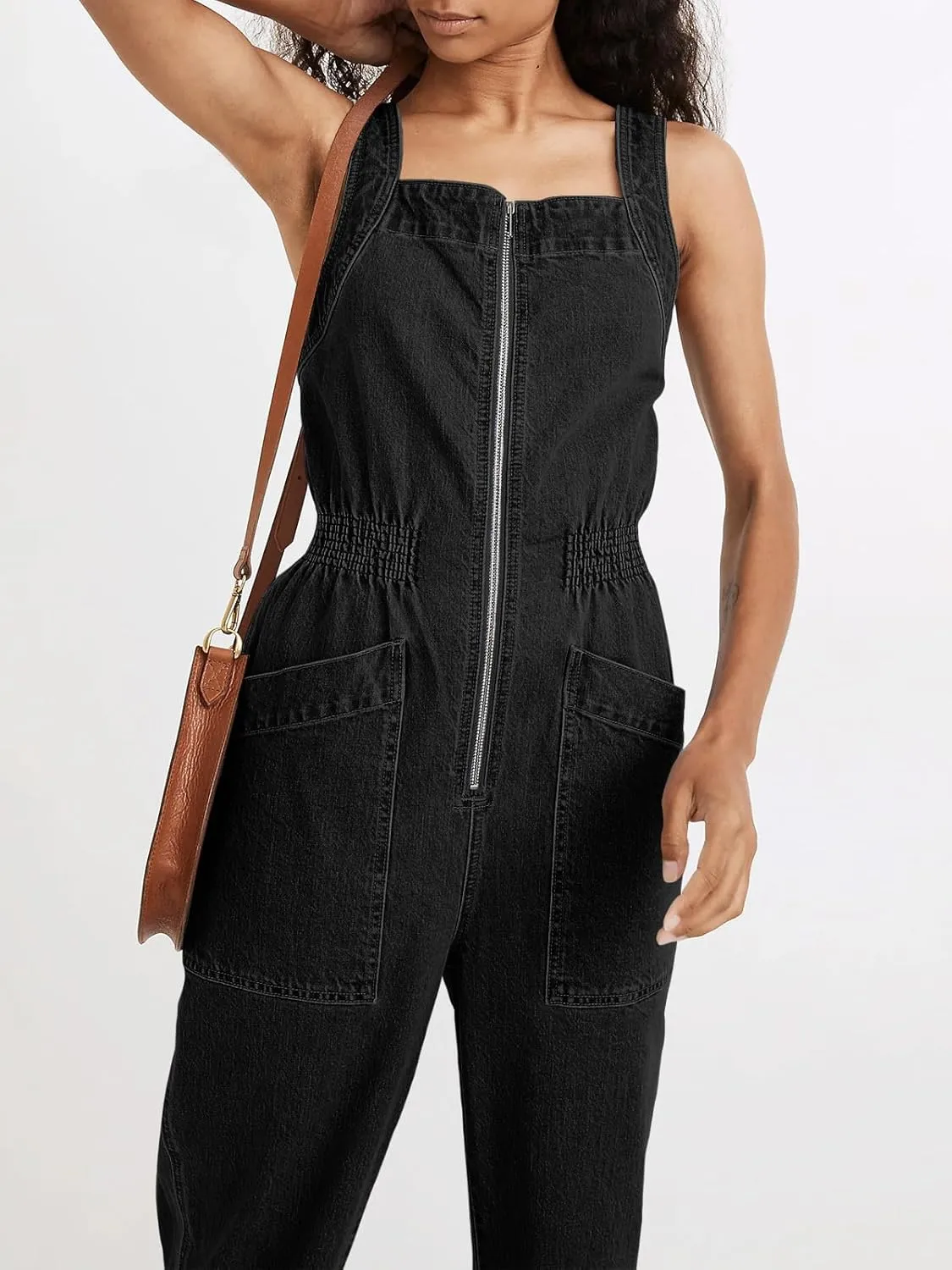 PLNOTME Womens Denim Overalls Casual Summer Baggy Zip Up Straight Leg Jeans Jumpsuit with Pockets