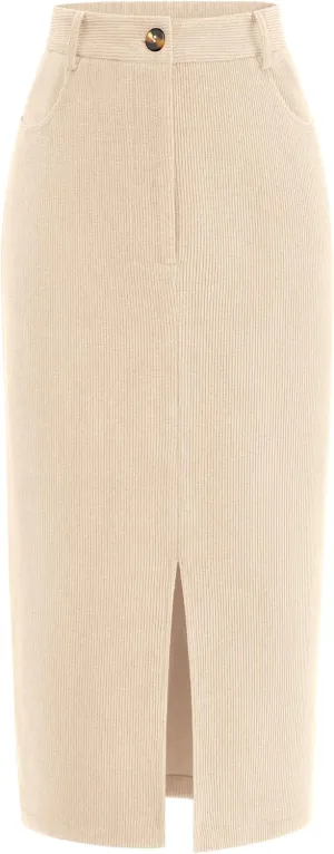 PRETTYGARDEN Women's Fall Midi Pencil Skirts Dressy Casual Work Office High Waisted Trendy Winter Corduroy Skirt with Slit