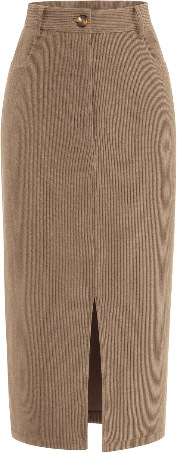 PRETTYGARDEN Women's Fall Midi Pencil Skirts Dressy Casual Work Office High Waisted Trendy Winter Corduroy Skirt with Slit