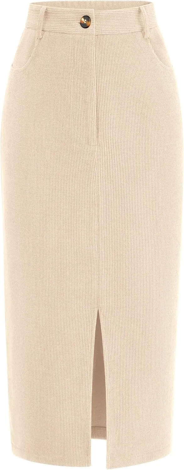 PRETTYGARDEN Women's Fall Midi Pencil Skirts Dressy Casual Work Office High Waisted Trendy Winter Corduroy Skirt with Slit