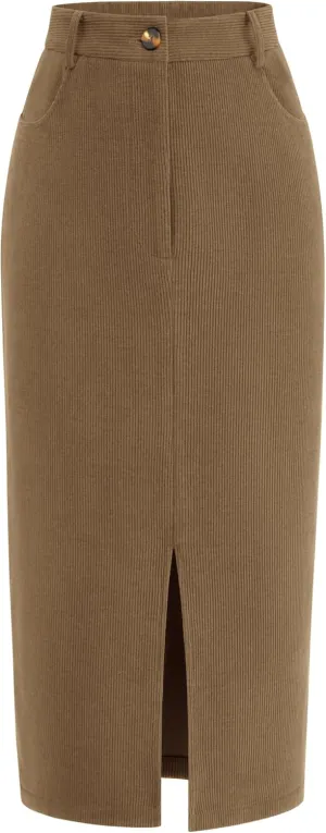 PRETTYGARDEN Women's Fall Midi Pencil Skirts Dressy Casual Work Office High Waisted Trendy Winter Corduroy Skirt with Slit