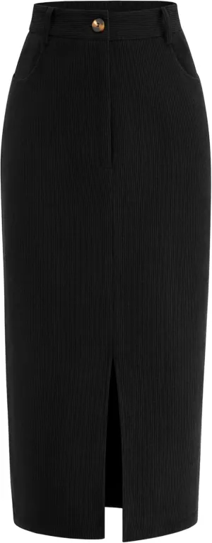 PRETTYGARDEN Women's Fall Midi Pencil Skirts Dressy Casual Work Office High Waisted Trendy Winter Corduroy Skirt with Slit