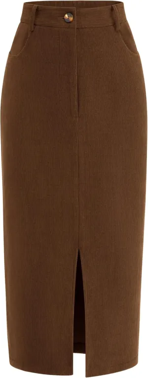 PRETTYGARDEN Women's Fall Midi Pencil Skirts Dressy Casual Work Office High Waisted Trendy Winter Corduroy Skirt with Slit