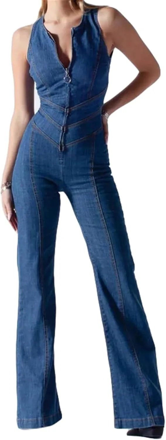 Qikaka Women's Sleeveless V Neck Cut Out Heart Bodycon Wide Leg Solid Sexy Nightclub Party Denim Jeans Jumpsuit Rompers