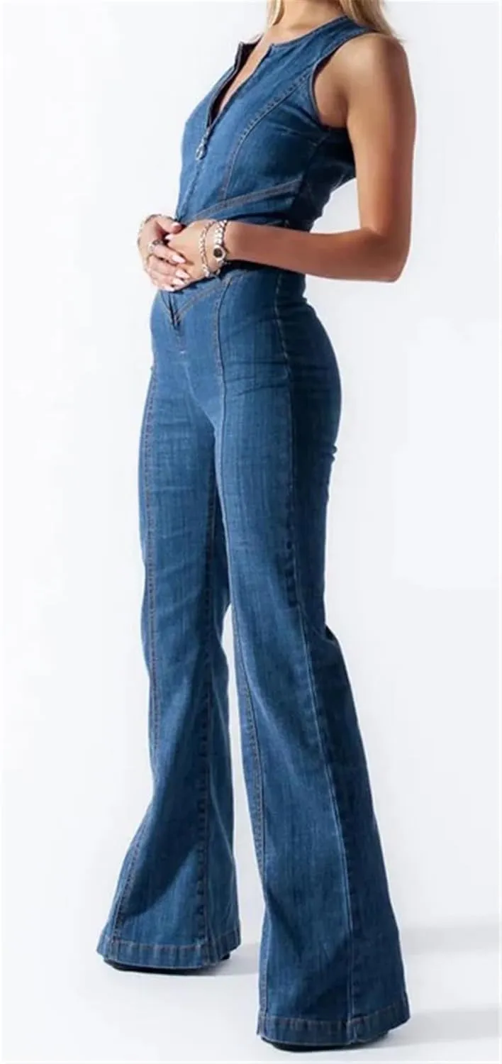 Qikaka Women's Sleeveless V Neck Cut Out Heart Bodycon Wide Leg Solid Sexy Nightclub Party Denim Jeans Jumpsuit Rompers