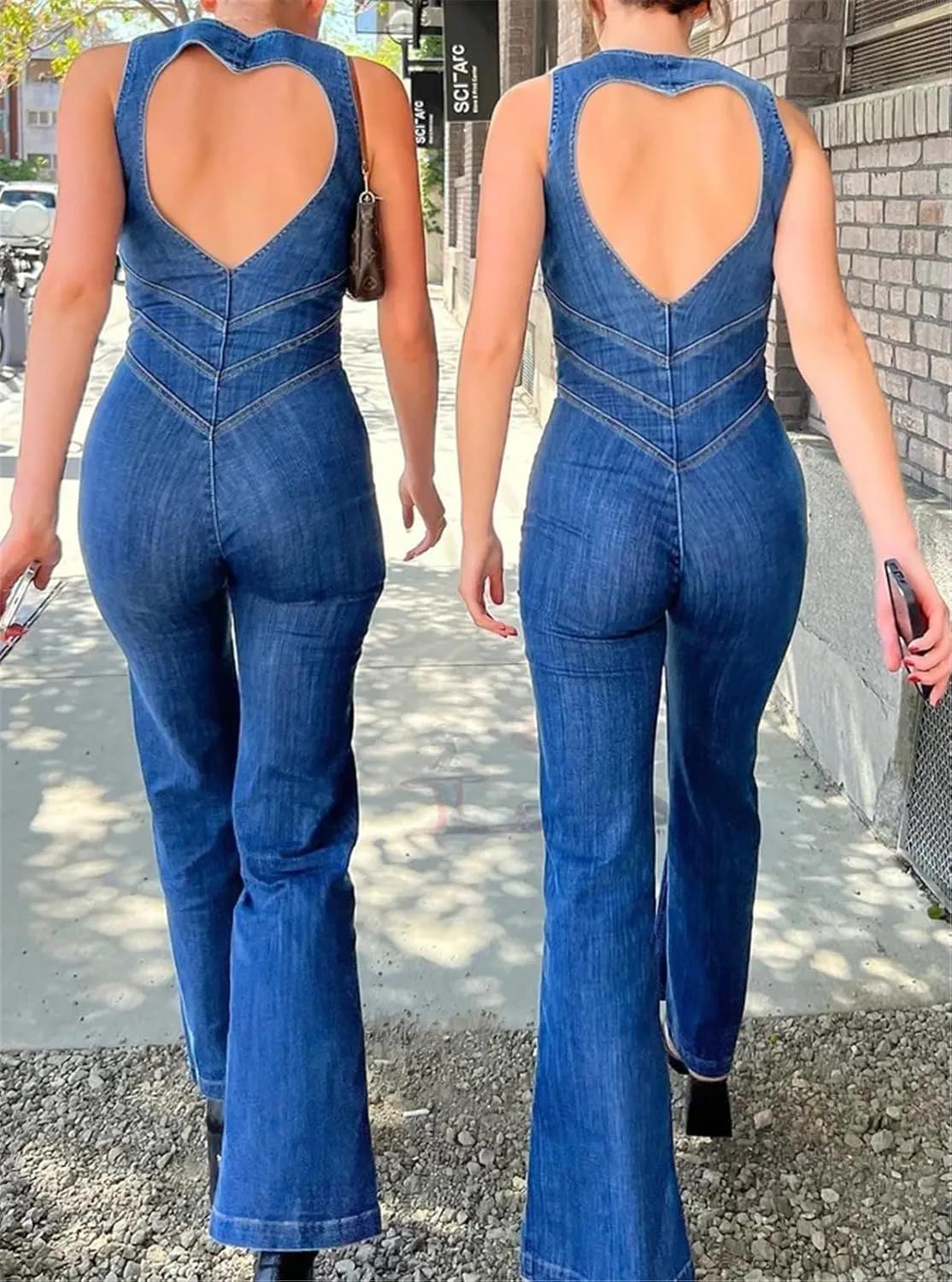 Qikaka Women's Sleeveless V Neck Cut Out Heart Bodycon Wide Leg Solid Sexy Nightclub Party Denim Jeans Jumpsuit Rompers