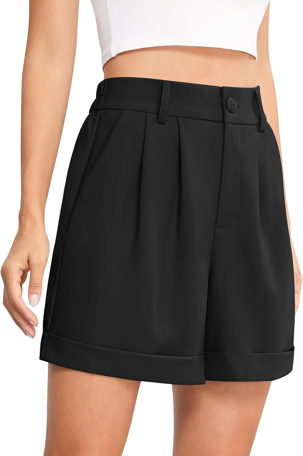 QUEZHU Women's Summer Dressy Casual Elastic Waist Wide Leg Suit Tailored Shorts Comfy Elagant Work Trouser Shorts