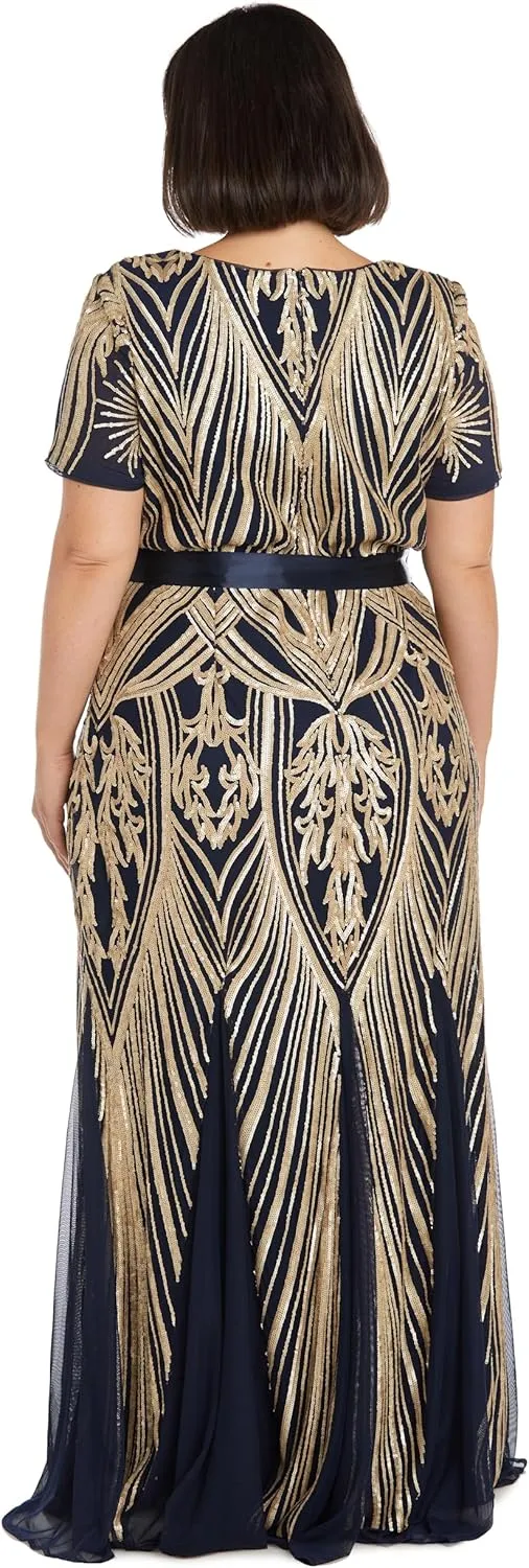 R&M Richards Womens Sequined Belted Evening Dress