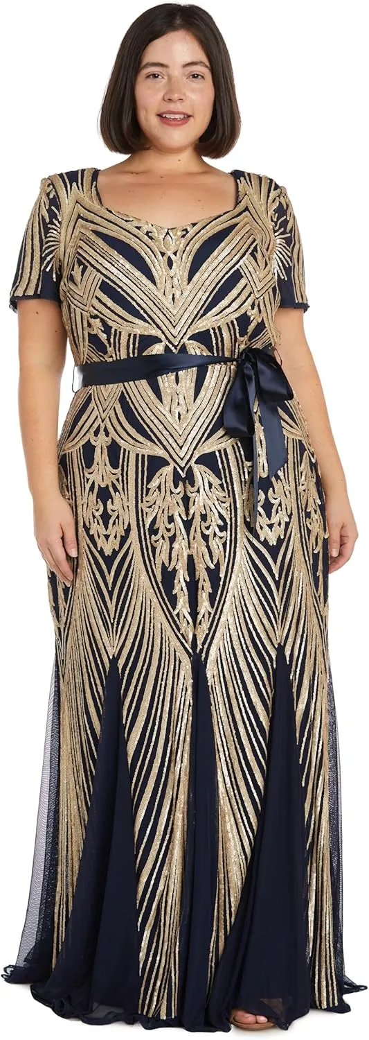 R&M Richards Womens Sequined Belted Evening Dress