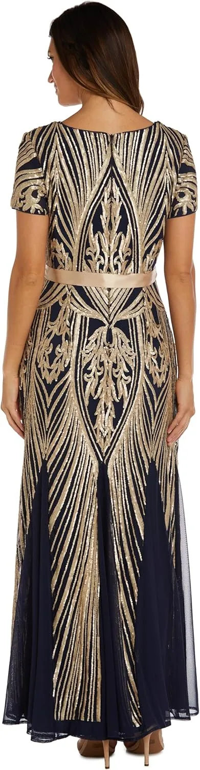 R&M Richards Womens Sequined Belted Evening Dress
