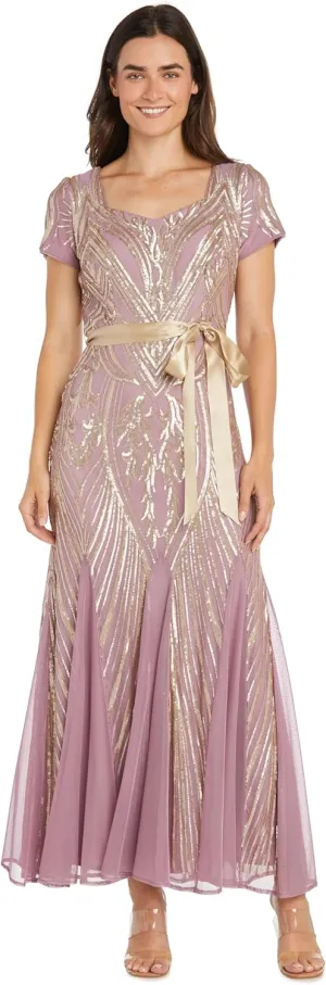 R&M Richards Womens Sequined Belted Evening Dress