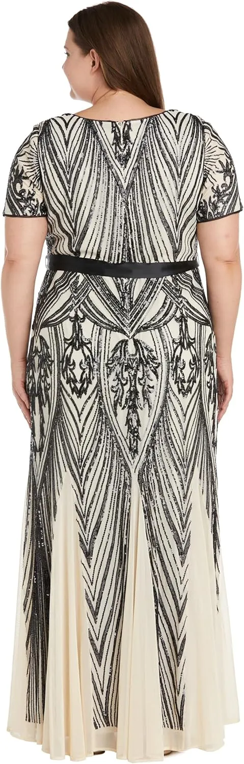R&M Richards Womens Sequined Belted Evening Dress