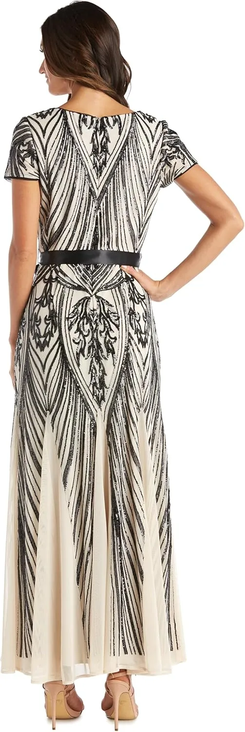 R&M Richards Womens Sequined Belted Evening Dress