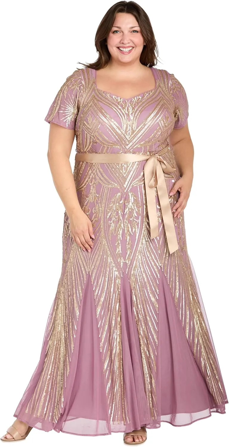 R&M Richards Womens Sequined Belted Evening Dress