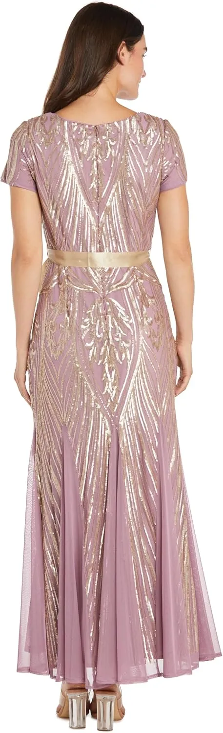 R&M Richards Womens Sequined Belted Evening Dress