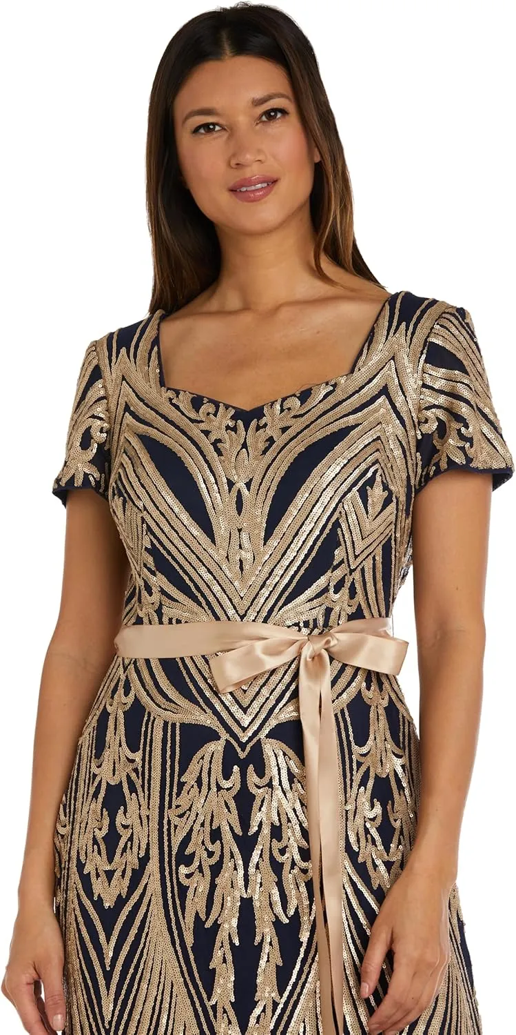R&M Richards Womens Sequined Belted Evening Dress