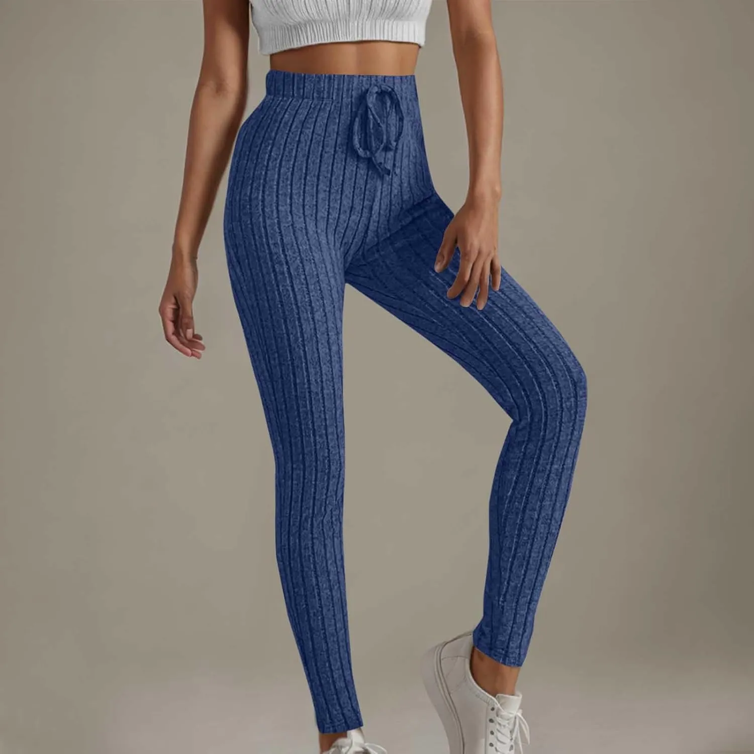 Ribbed Knit Pants for Women 2024 Casual Solid Drawstring Waist Trousers Loose High Waist Tight Hip Lifting Stretch Yoga Pant