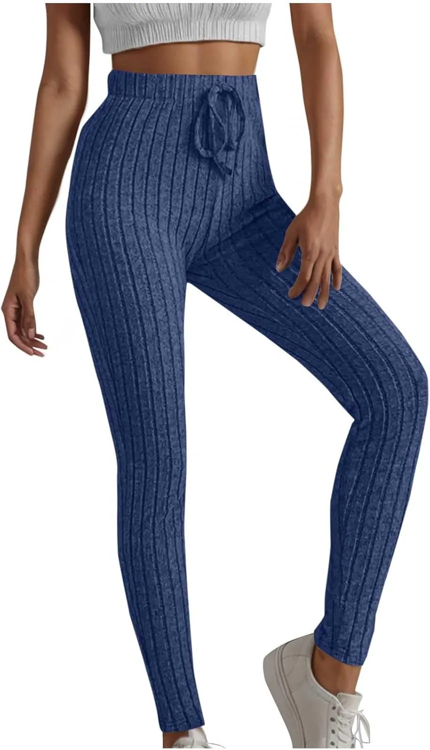 Ribbed Knit Pants for Women 2024 Casual Solid Drawstring Waist Trousers Loose High Waist Tight Hip Lifting Stretch Yoga Pant