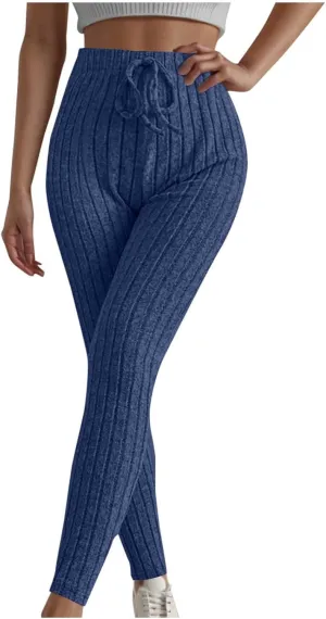 Ribbed Knit Pants for Women 2024 Casual Solid Drawstring Waist Trousers Loose High Waist Tight Hip Lifting Stretch Yoga Pant