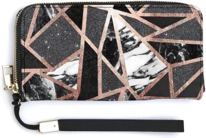 Rose Gold Marble Wallet Leather Zipper Around Clutch Wallet Large Capacity Purse with Wristlet Strap