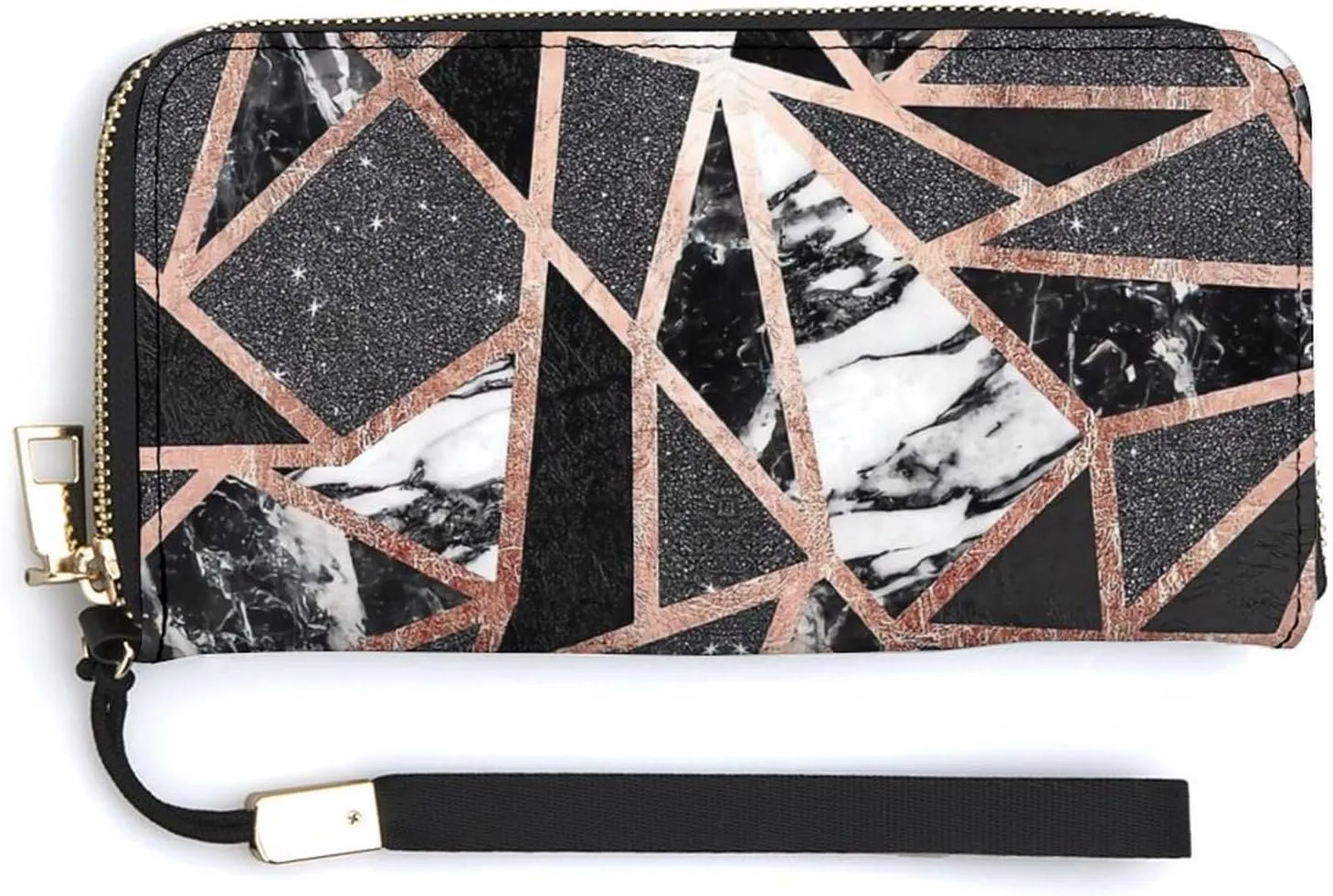 Rose Gold Marble Wallet Leather Zipper Around Clutch Wallet Large Capacity Purse with Wristlet Strap