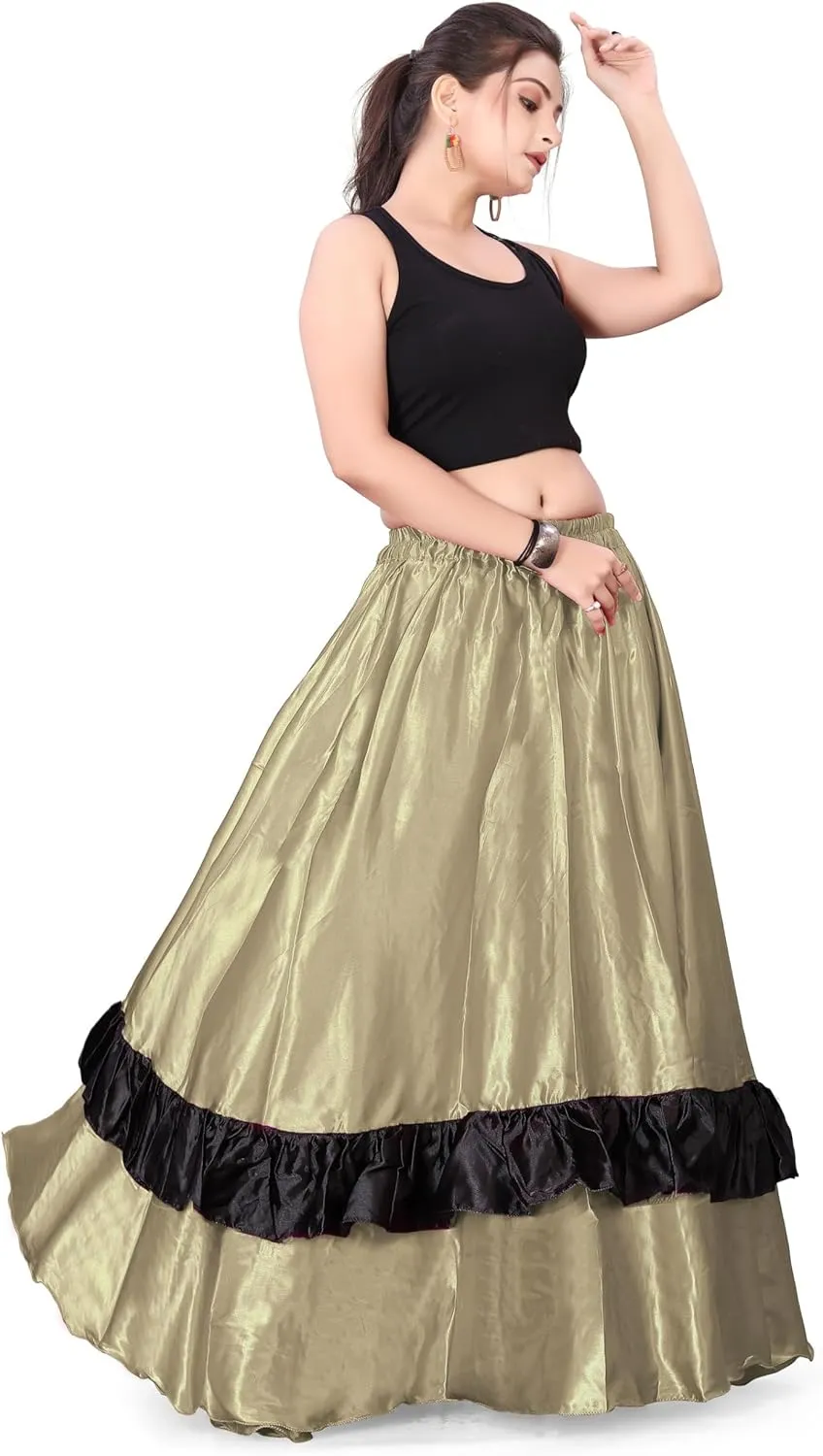 Satin Full Circle with Frill Belly Dancing Skirt Long Maxi Satin Belly Dance Full Circle Skirt (One Size) S33