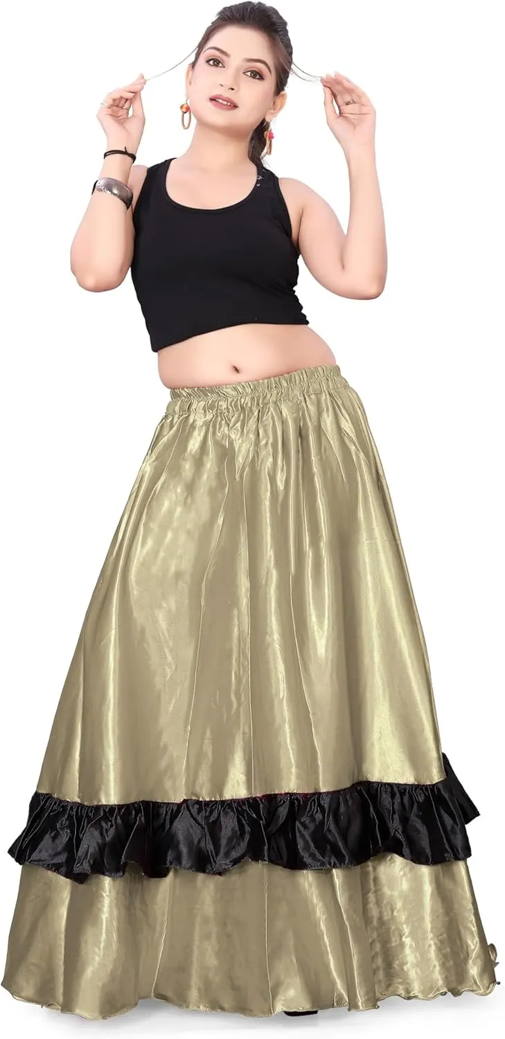 Satin Full Circle with Frill Belly Dancing Skirt Long Maxi Satin Belly Dance Full Circle Skirt (One Size) S33