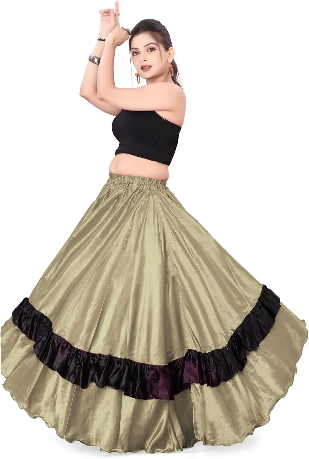 Satin Full Circle with Frill Belly Dancing Skirt Long Maxi Satin Belly Dance Full Circle Skirt (One Size) S33