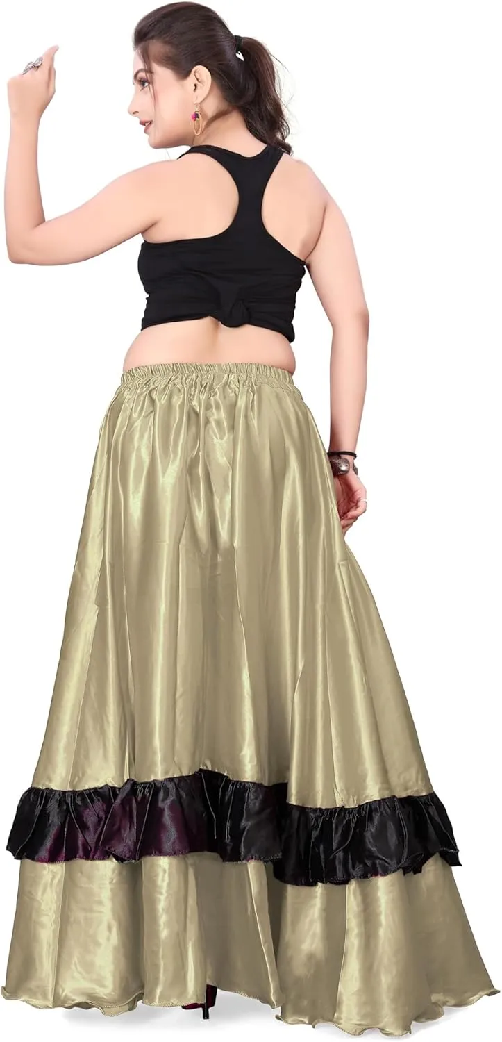 Satin Full Circle with Frill Belly Dancing Skirt Long Maxi Satin Belly Dance Full Circle Skirt (One Size) S33