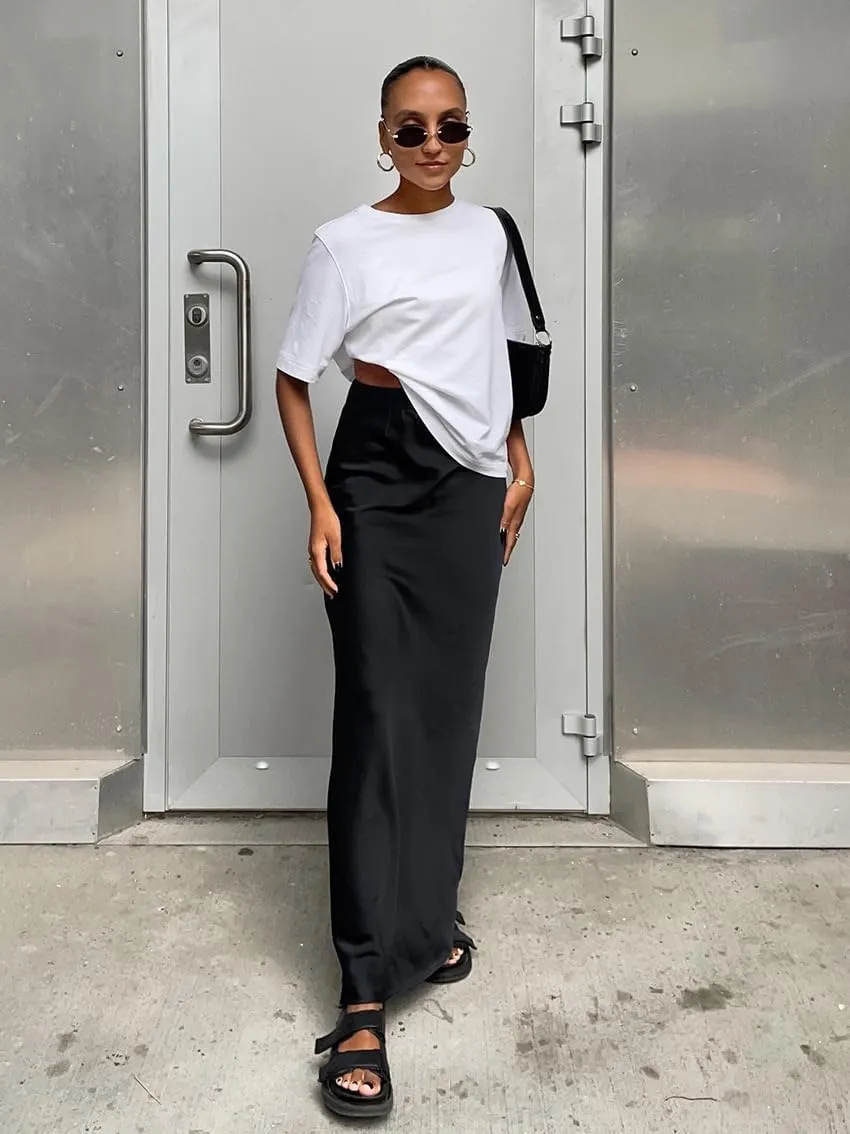 Satin Skirt Maxi Skirt Silk Skirts for Women Satin Maxi Skirt Old Money Aesthetic Clothing Women Fall
