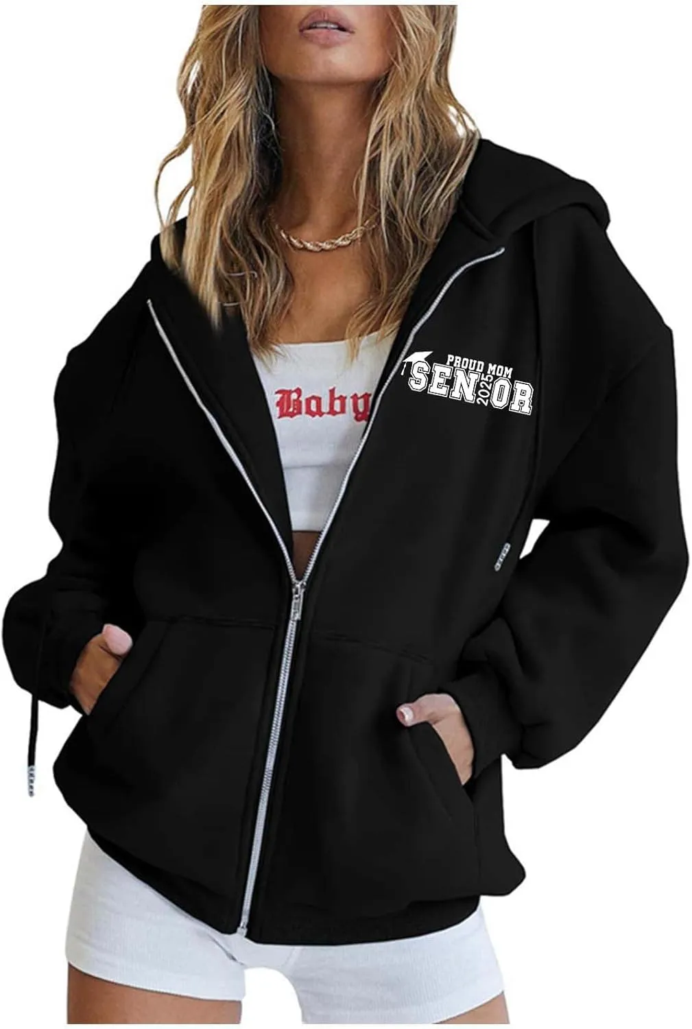 Senior Mom Class of 2025 Zip Up Hoodie Women Long Sleeve Oversized Sweatshirts Y2k Fall Clothes 2024 Fashion Outfits