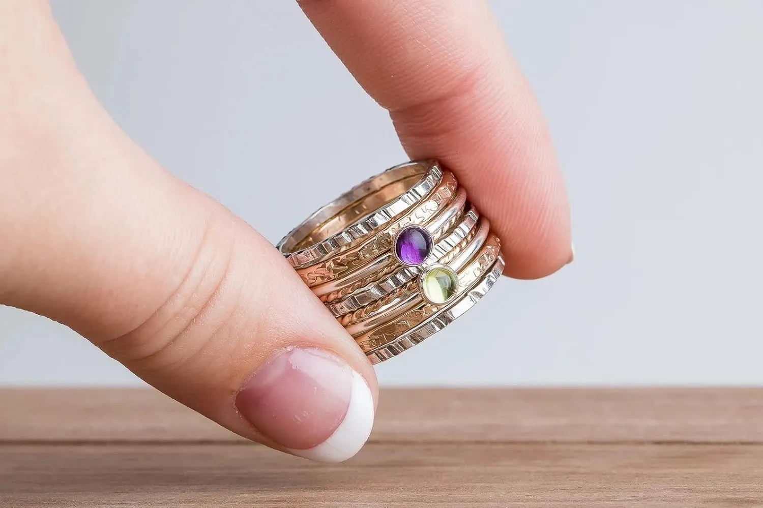 Set of 9 Mixed Metal Colorful Stacking Rings | Gold and Silver Stackable Stack Ring Bands with Gemstones | Comfort Fit | USA Sizes 4-12 (7, Lime Green Peridot & Purple Amethyst)