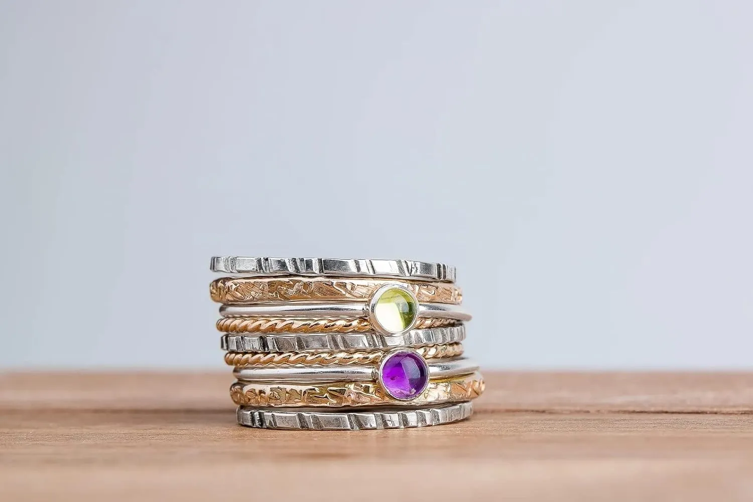 Set of 9 Mixed Metal Colorful Stacking Rings | Gold and Silver Stackable Stack Ring Bands with Gemstones | Comfort Fit | USA Sizes 4-12 (7, Lime Green Peridot & Purple Amethyst)
